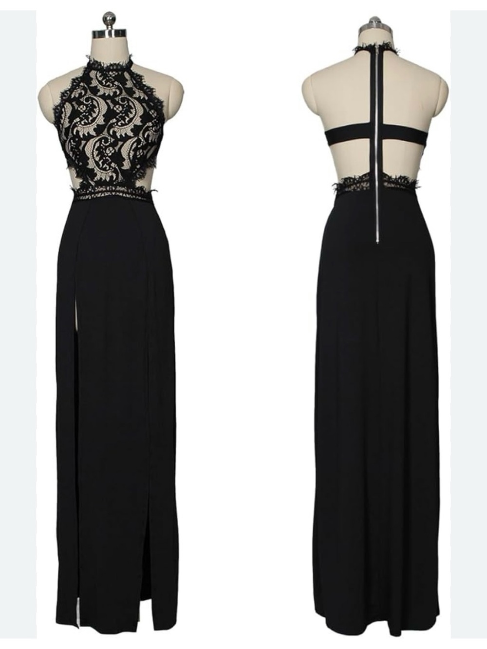 Sheer Black Lace Halter Neck Open Back High Slit Maxi Evening Gown Size Small